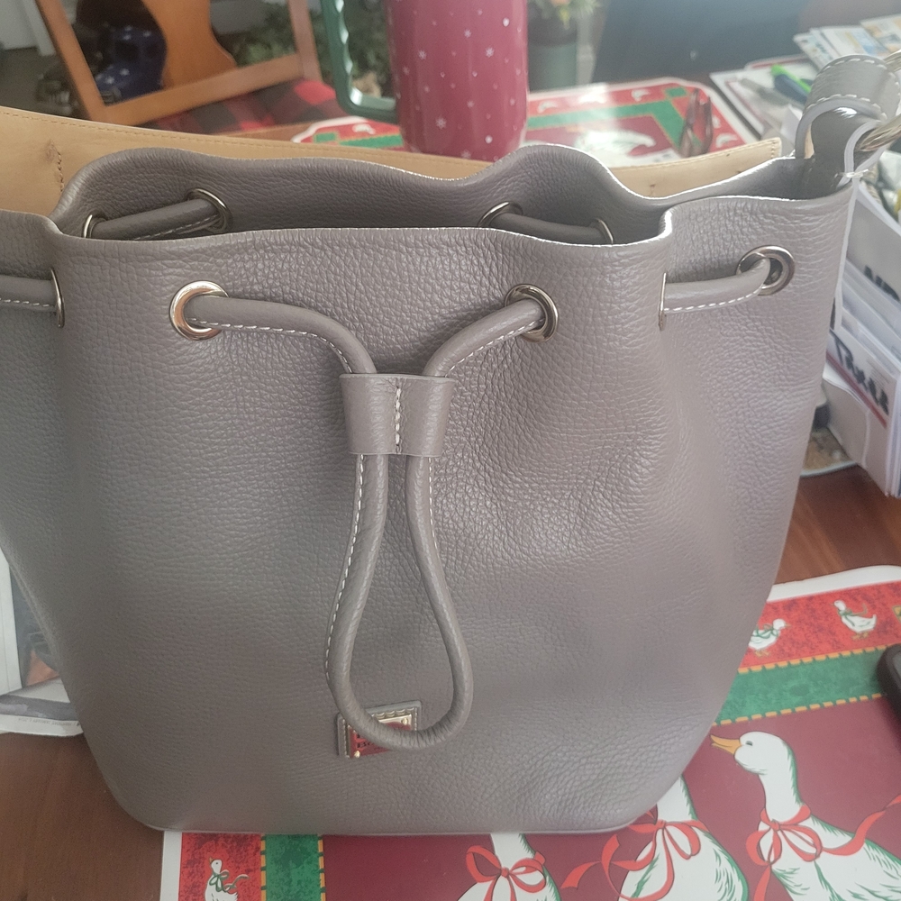 Dooney & Bourke Lucca Pebble Leather Large Deawstring Bucket Bag - Elephant Gray